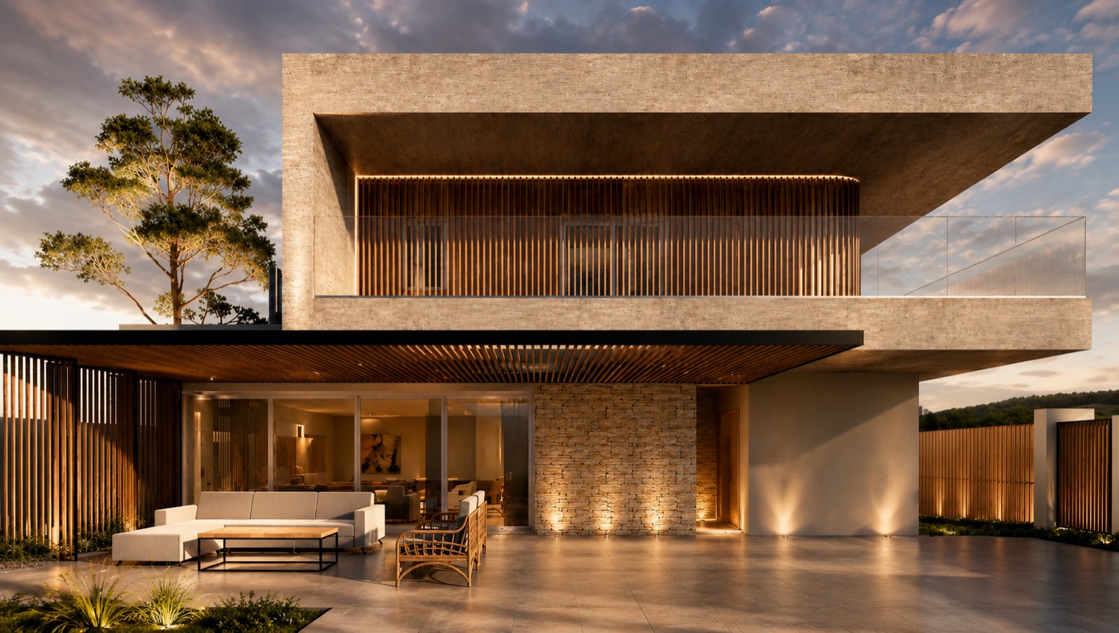 Casa Horizonte — fachada de uma residência contemporânea em pedra e madeira ao entardecer