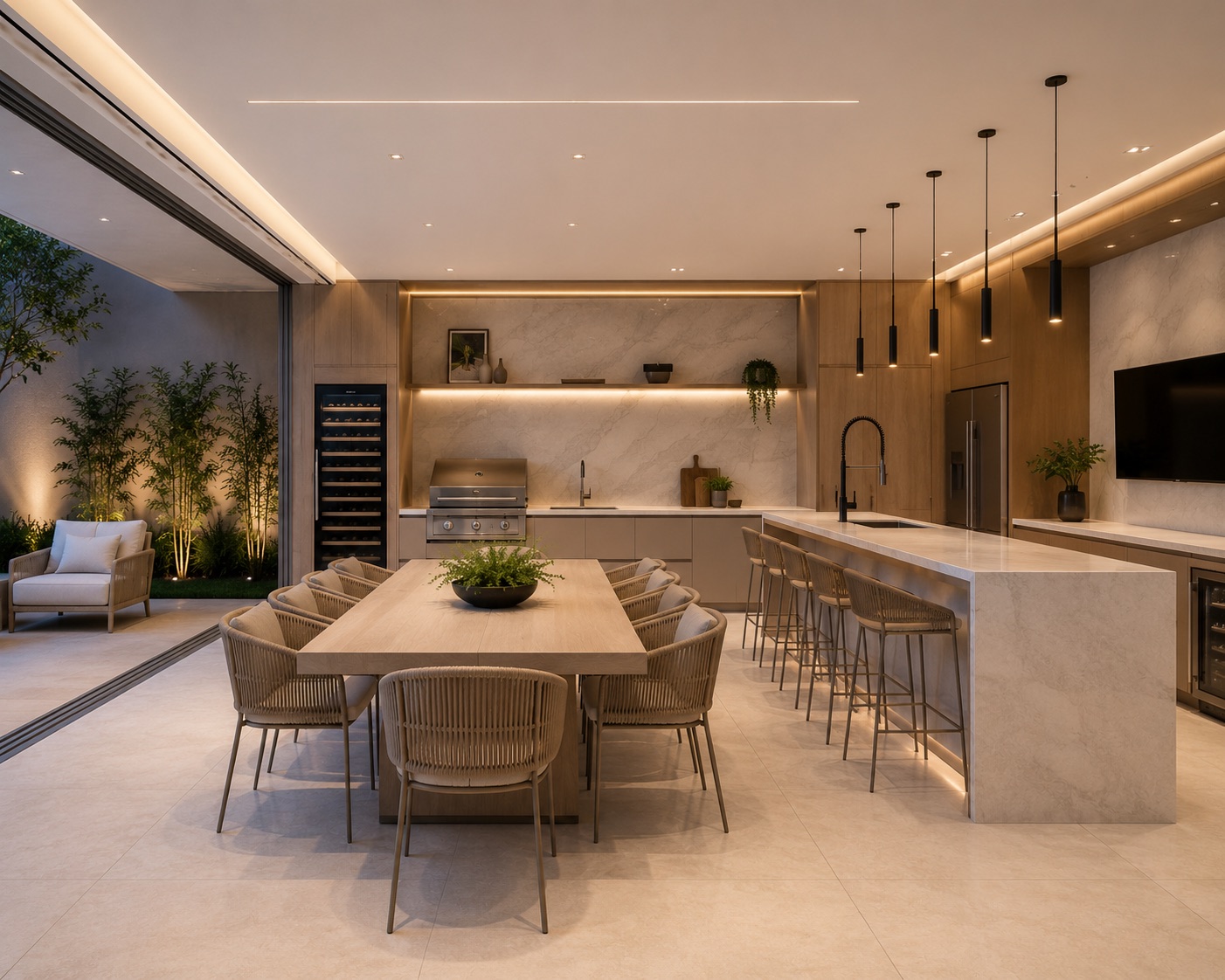 Espaço gourmet com mesa de jantar para dez lugares, ilha com churrasqueira e jardim integrado